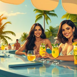 Vibrant Beach Bar Mojito Scene with Salma Hayek