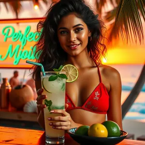 Title: "Luxurious Tropical Evening: Latina Beauty at the Perfect Mojito Bar