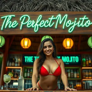 Title: "Golden Hour at The Perfect Mojito: A Vibrant Tropical Bar Scene