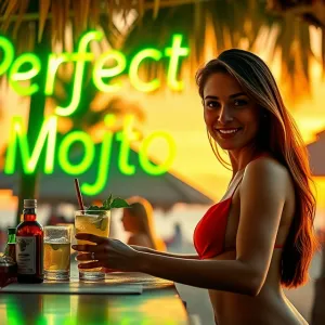 Titled: "Perfect Mojito Beach Bar Sunset - Vibrant Neon Glow and Engaging Bartender