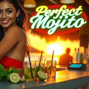 Titled: "Perfect Mojito Beach Bar Sunset - Golden Hour Masterpiece