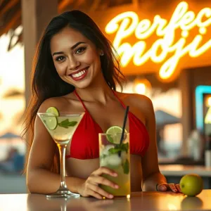 Golden Hour: Inviting Beach Bar at Sunset - 'Perfect Mojito' Neon Sign