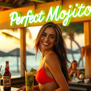 Vibrant Sunset Beach Bar: Perfect Mojito Sign Glows Above Expert Mixologist
