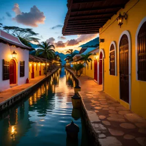 Vibrant Caribbean Colonial Village Scene in Golden Hour - Professional UHD HDR 64K Photography
