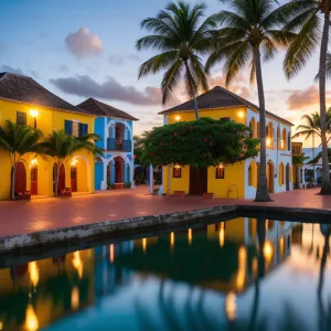 Vibrant Colonial Caribbean Village Scene at Golden Hour - High-Definition Wide Angle Shot