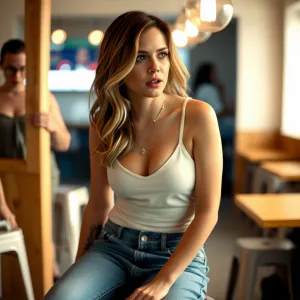 Surprised Debby Ryan in White Tank, Short Jeans