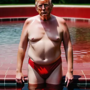 Trump in Red Bikini, Full-Body Shot, Poolside High Detail