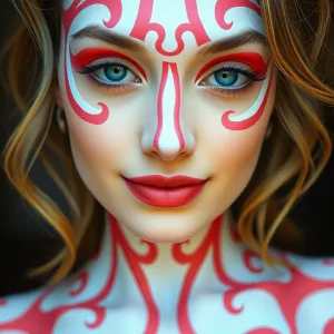 Fractaled Erotic Dream: Detailed Female Figure in Pink-White Body Paint