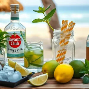 Tropical Cocktail Setup on Beach Shore