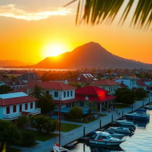 Vibrant Caribbean Colonial Village Scene at Golden Hour