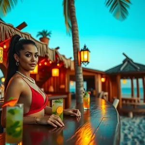 High-Definition Outdoor Scene: Perfect Mojito Beach Bar with Vibrant Server in Red Bikini