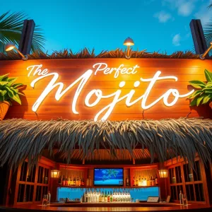 Tropical Beach Bar Scene: 'The Perfect Mojito' with Neon Signage