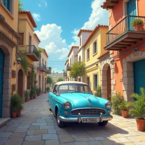 Light Blue Triumph Mayflower in Vibrant Greek Townscape
