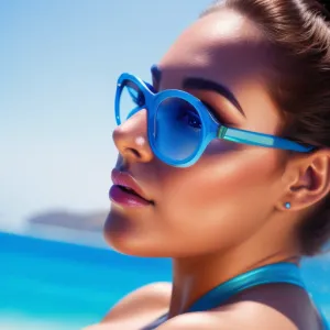 Detailed Close-Up of Blue Bikini Model Wearing Sunglasses