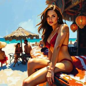 Angelina Jolie - Impressionistic Beach Bar Scene (Red Bikini)