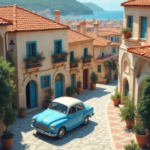 Isometric Vibrancy: Light Blue Triumph Mayflower in Ancient Greek Townscape
