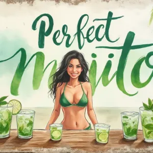 Weathered Watercolor Mural: Perfect Mojito Beach Bar Scene