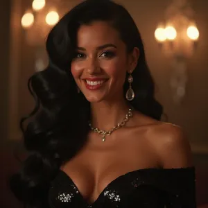 50s Glamour Close-up: Black Sequined Dress, Smoky Ballroom Epic

Or

Vintage Elegance: Smiling 30-Year-Old in Off-Shoulder Gown

These titles convey the essence of the image while being concise and descriptive.