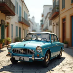 3D Model: Light Blue Triumph Mayflower in Vibrant Greek Ancient Cityscape