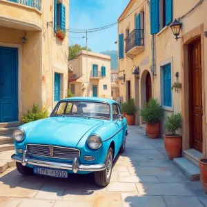 Vibrant Watercolor: Light Blue Triumph Mayflower in Ancient Greek Cityscape