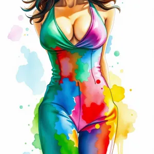 Vibrant Watercolor Portrait: Nigella Lawson in Low-Cut Bathing Suit