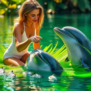 Serene Tropical Harmony: Woman with Dolphins