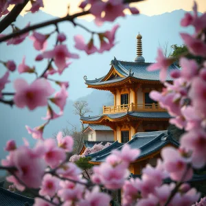 Drone Shot: Golden-Roofed Mountain Temple under Cherry BlossomsOrMountain Temple with Cherry Blossoms (Drone Photograph)