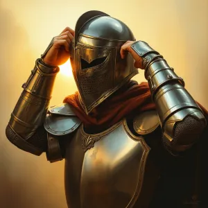 Golden Knight Unveiling, Under Sunlight Glow

This title encapsulates the essence of the painting, focusing on the knight's action and the golden sunlight, while also hinting at the Renaissance style through the use of the word "Golden".