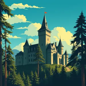 Medieval Castle in Forest: Art Deco Sketch