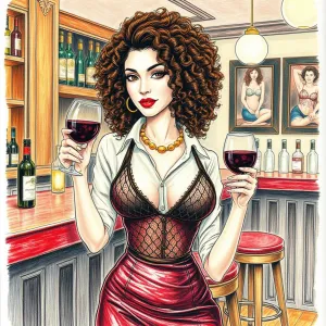 Brunette Bar Patron with Leather Dress and Red Wine