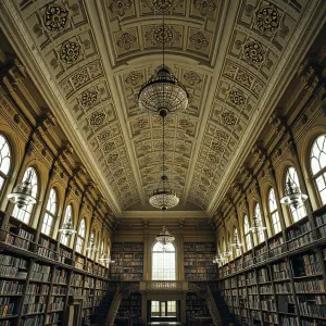 Abandoned Victorian Library with Vaulted Ceilings and Sunrays through Drapey Windows - Gothic Art with Photorealistic Details