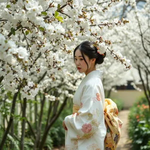 Woman in White Kimono Among Cherry Blossoms, Soft Breeze Wafts Through Garden. Japanese Ukiyo-e and Photography Style.