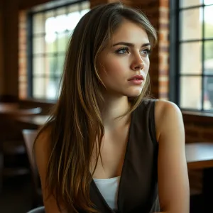 Introspective Woman in Brick-wall Cafe