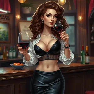 Brunette in Leather Dress, Sipping Red Wine