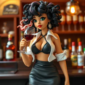 Curly-Haired Slim Lady in Bar with Red Wine and Lingerie