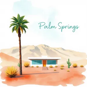 Retro Modern Palm Springs Watercolor Landscape