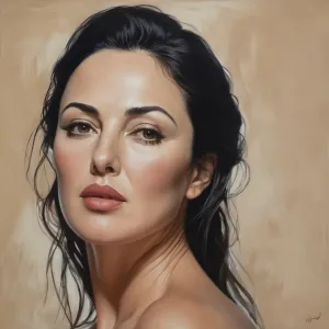 This is a realistic portrait in the hyperrealism genre. The main subject is a woman with long, wavy hair and striking features, captured from the waist up against a simple beige background that accentuates her form. She is posed slightly to the left of ce