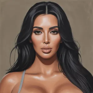 The image features a highly stylized and realistic depiction of a person, appearing to be a woman based on typical gender characteristics such as facial features and attire. She has long, dark hair and is wearing a light blue or gray tank top with a deep 