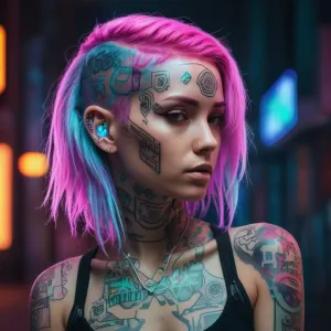 The image features an individual with prominent and colorful tattoos on their arms and head. The person has dyed hair that includes shades of pink and blue, adding to the overall vibrant and edgy aesthetic. They are wearing a black top and have piercings 