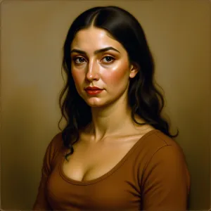 The image is a digital art piece portraying a woman with long dark hair wearing a brown top. She has a neutral expression and is looking slightly to the left of the viewer. Her skin tone is light, her makeup includes darkened eye shadows and lip color, an