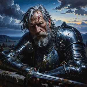 The image presents a close-up portrait of an elderly man with a beard, dressed in medieval armor. He is seated with a thoughtful expression, gazing to the side. The artwork has a detailed and realistic style, capturing the textures and intricacies of both