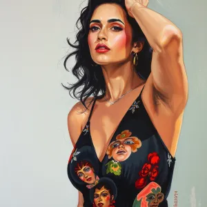 The image is an AI-generated digital artwork portraying a woman in a floral jumpsuit with a prominent floral pattern across her chest and back. Her pose is dynamic, with one hand on her hip and the other touching her head, giving off a confident and relax