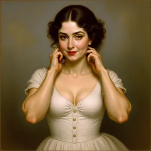 The image portrays a woman in a white dress with her hand on her chin, exuding an air of contemplation or elegance. She has dark hair, fair skin, and is wearing makeup that accentuates her eyes and lips. The art style appears to be realistic, with attenti