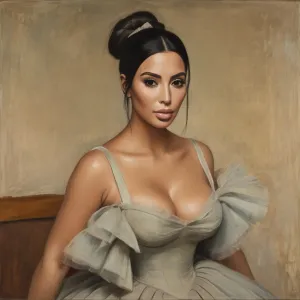 The image portrays a woman with dark hair, styled in an updo, wearing a white and green off-shoulder dress with a large puffy sleeve on one shoulder. She has a confident expression, looking directly at the viewer. The art style is realistic with a touch o