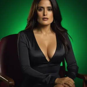 The image features a woman seated in a chair against a green background with red light illuminating her face from the right side. She is wearing a black dress and has long dark hair, looking directly at the camera. Her arms are crossed on her lap. The AI 