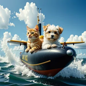 In the center of the image, there is a stylized illustration of an airplane with two cats sitting on its nose, one cat looking to the left and the other to the right. The plane appears to be in flight, as indicated by the presence of clouds and a few whit