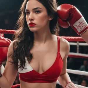 The image is an artistic representation featuring a female boxer in the foreground who appears to be a professional athlete. She's wearing a classic red and white striped boxing outfit with the word "Everlast" visible on her shorts. Her hair is styled, an