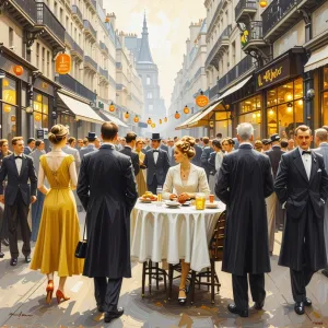 This is an AI-generated illustration that captures the vibrant atmosphere of a bustling Parisian café. The scene is viewed from above, providing a bird's eye perspective on the street below and the people gathered in the café. There are several tables and