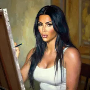 The image presents a digitally altered photo that combines the features of two different individuals into one body. The central figure is a young woman with long dark hair and fair skin. She is depicted seated at an easel, wearing a white tank top, engagi