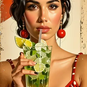 digital art, Old soviet propaganda poster depicting Salma Hayek drinking a mojito